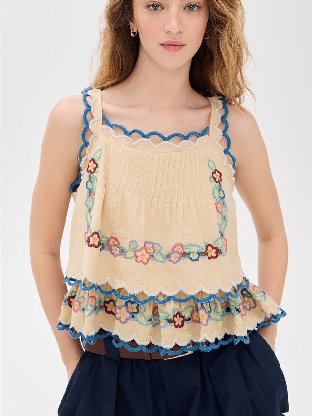 Sea New York Beige Embroidered Scallop-Trim Tank with Blue Accents